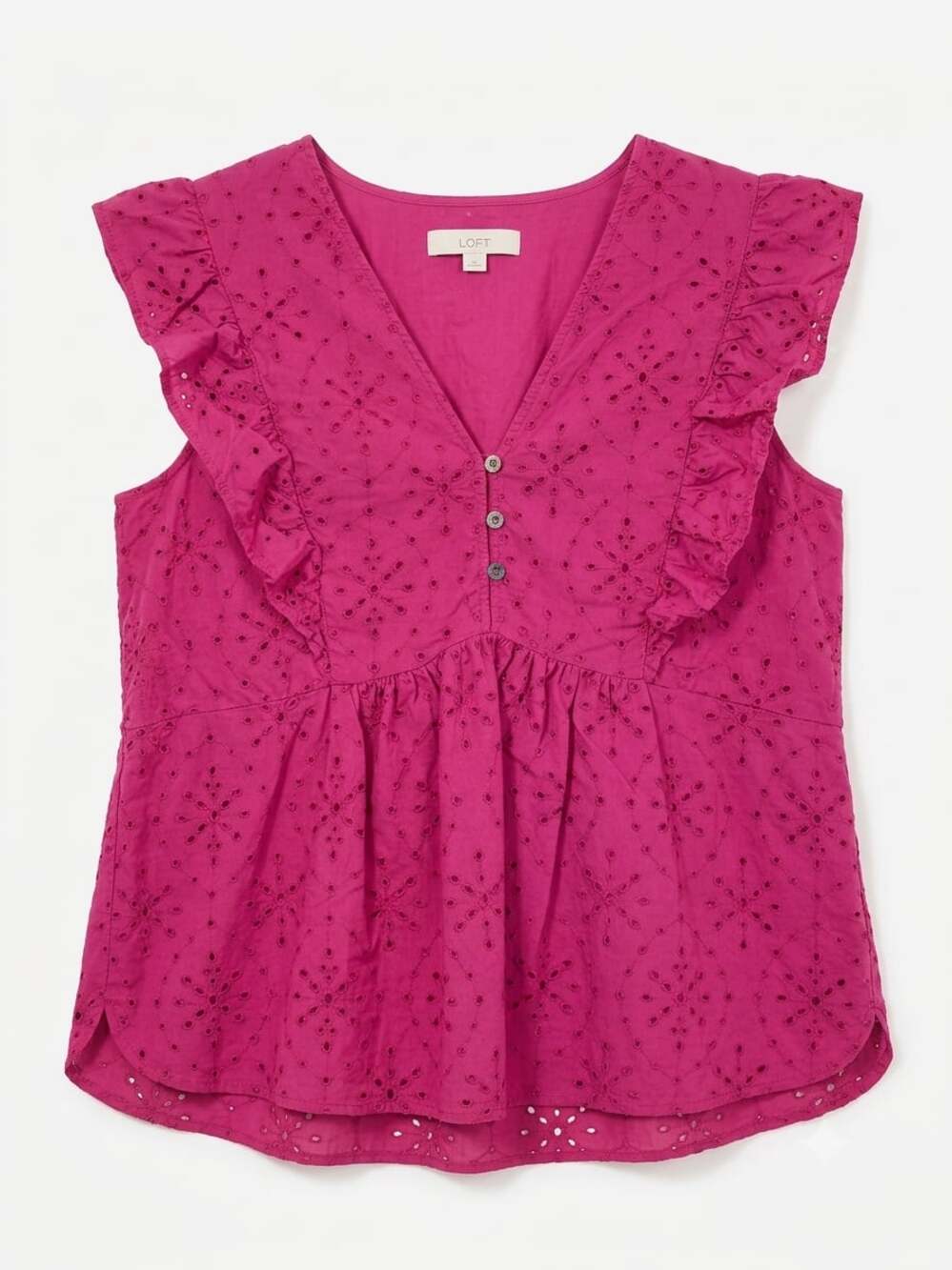 LOFT Magenta Pink Eyelet Ruffle V-Neck Peplum Blouse Top Size L
